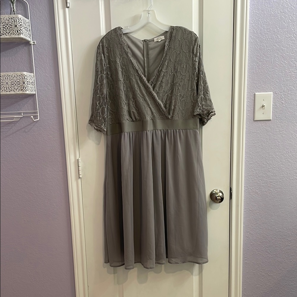 Gray Midi cocktail, wedding-guest dress with lace chiffon wrap V-Neck.  Back zip